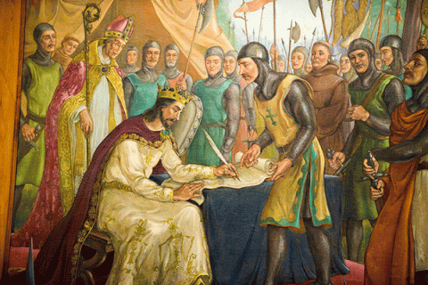 Large colorful mural painting depicting the signing of the Magna Carta.